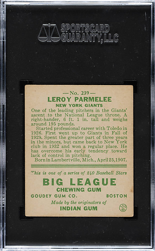 1933 R319 Goudey #239 Leroy Parmelee SGC EX/NM 6