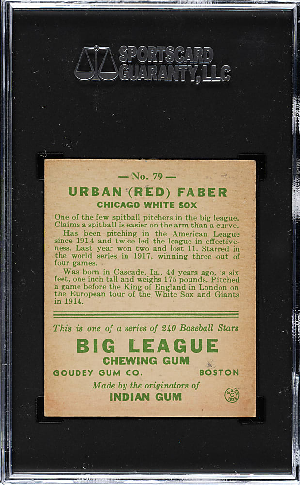 1933 R319 Goudey #79 Red Faber SGC EX/NM 6