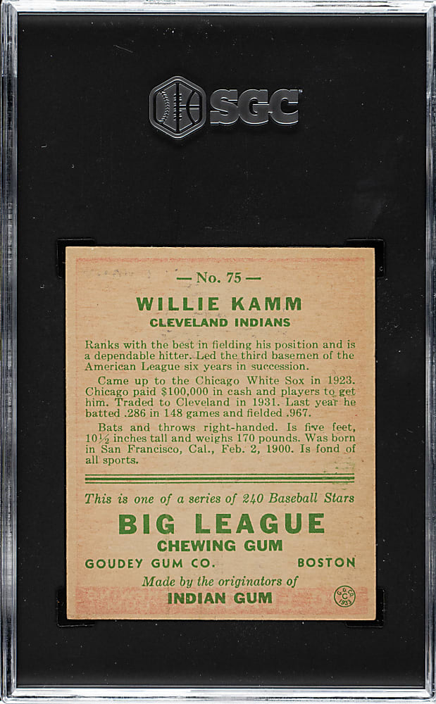 1933 R319 Goudey #75 Willie Kamm SGC EX/NM 6