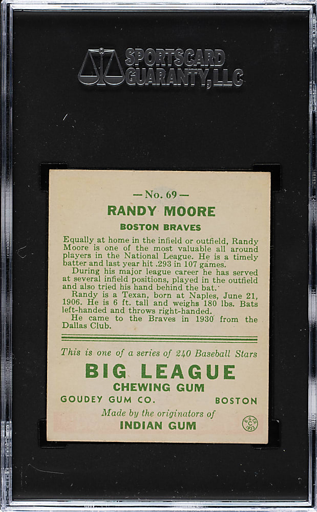 1933 R319 Goudey #69 Randy Moore SGC EX/NM 6 (Nagy Collection)