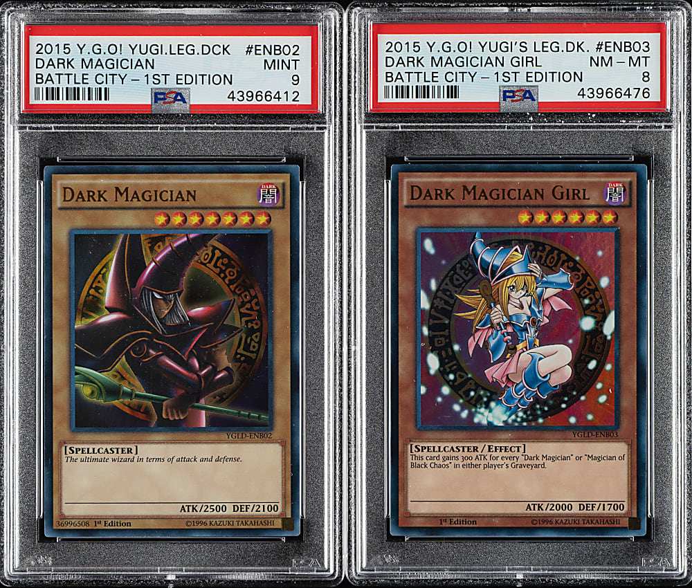 2015 Yu-Gi-Oh! Yugi's Legendary Deck Battle City 1st Edition Dark Magician & Dark Magician Girl PSA-Graded Pair