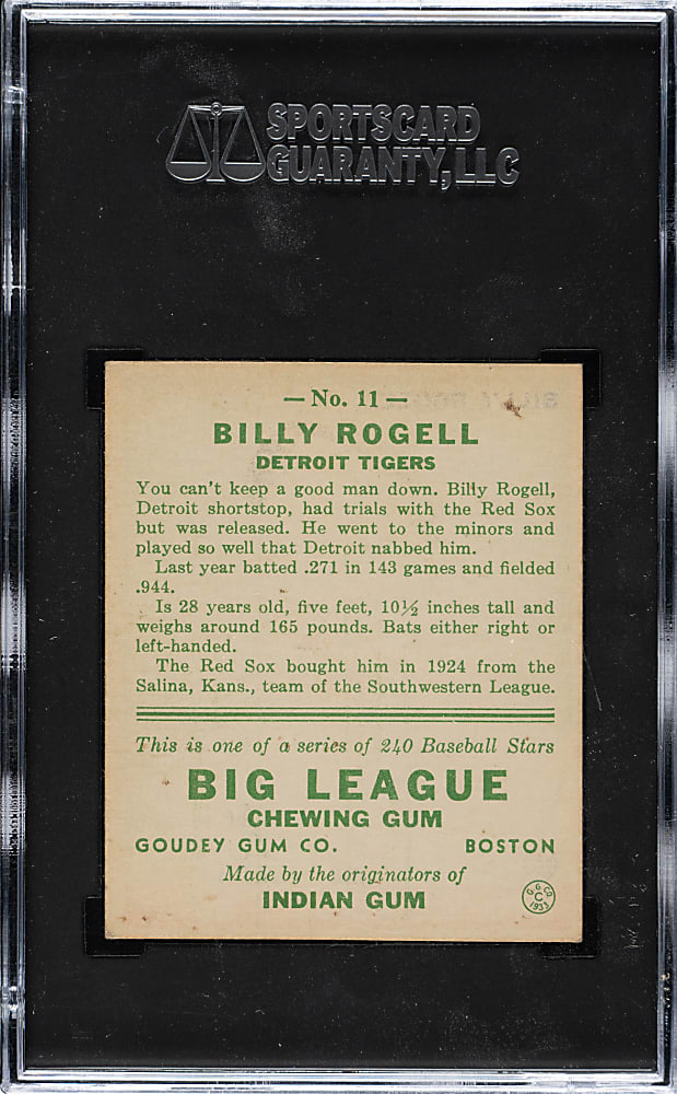 1933 R319 Goudey #11 Billy Rogell SGC EX/NM 6 (Lionel Carter Collection)