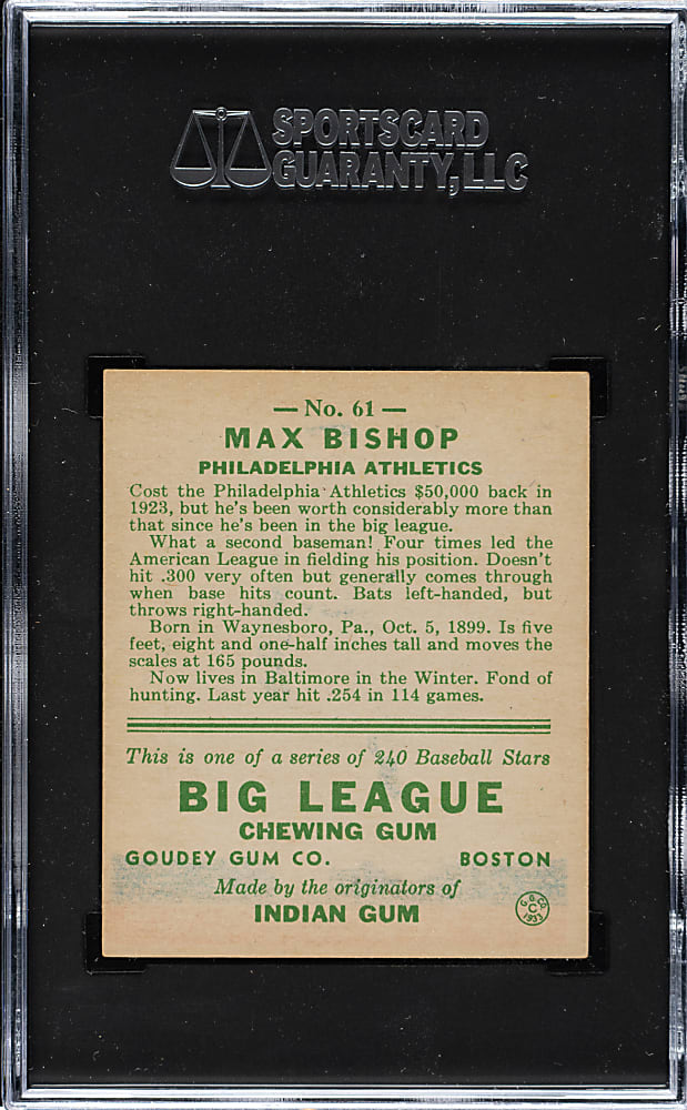 1933 R319 Goudey #61 Max Bishop SGC EX/NM 6