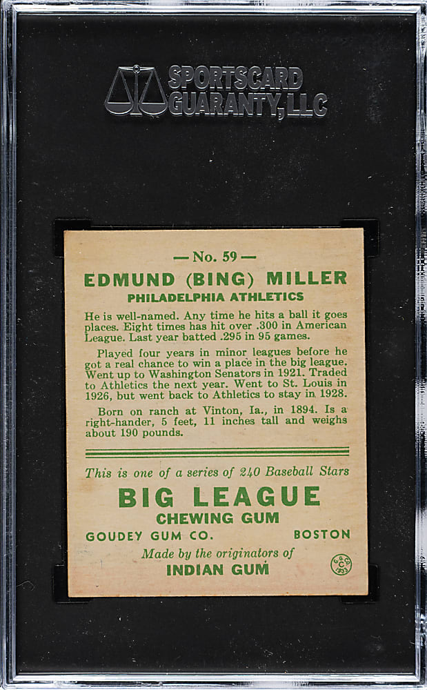 1933 R319 Goudey #59 Bing Miller SGC EX/NM 6