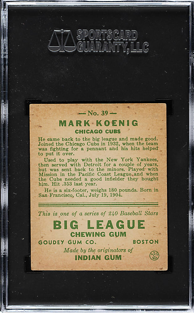 1933 R319 Goudey #39 Mark Koenig SGC EX+ 5.5