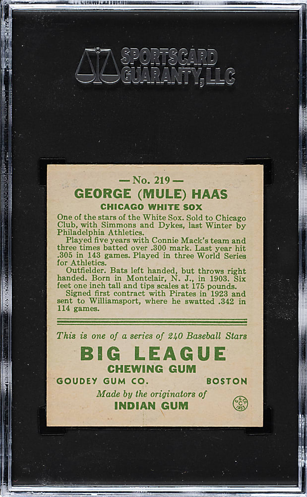 1933 R319 Goudey #219 Mule Haas SGC EX+ 5.5