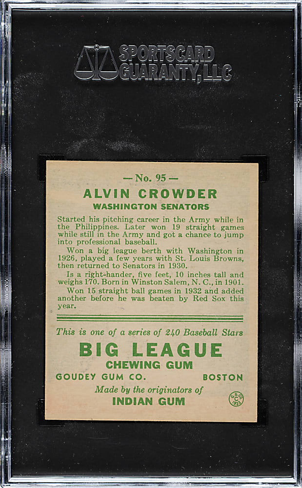 1933 R319 Goudey #95 Alvin Crowder SGC EX+ 5.5