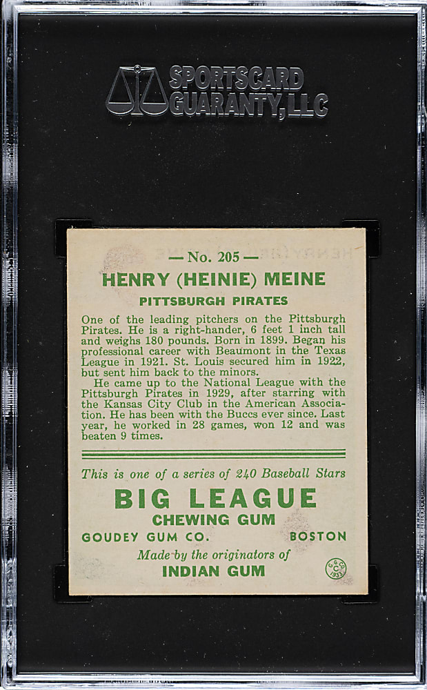 1933 R319 Goudey #205 Heinie Meine SGC EX+ 5.5