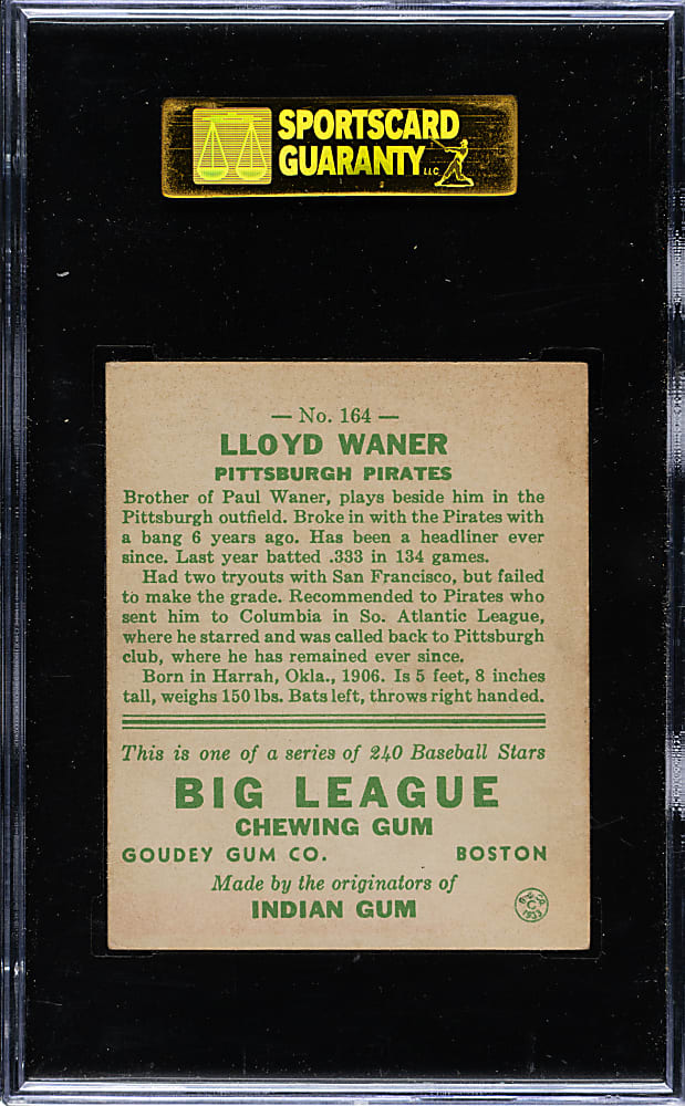 1933 R319 Goudey #164 Lloyd Waner SGC EX/NM 80