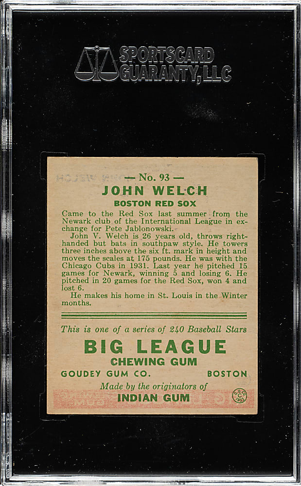1933 R319 Goudey #93 John Welch SGC EX/NM 80