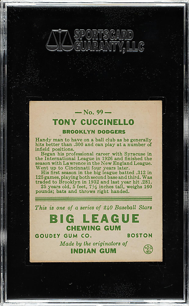 1933 R319 Goudey #99 Tony Cuccinello SGC EX/NM 80
