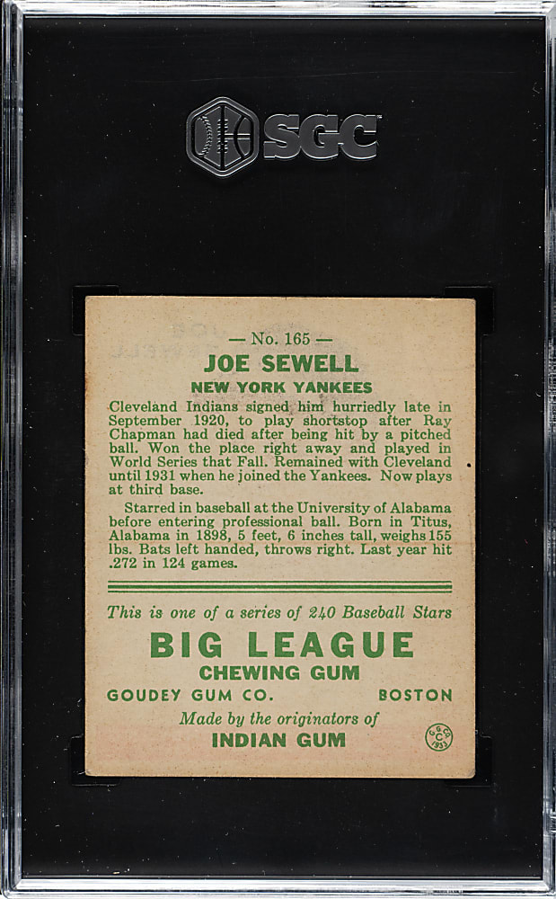 1933 R319 Goudey #165 Joe Sewell SGC VG/EX+ 4.5