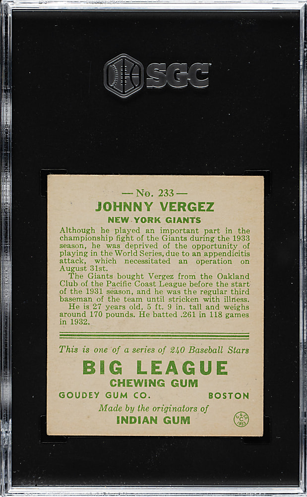 1933 R319 Goudey #233 Johnny Vergez SGC VG/EX+ 4.5