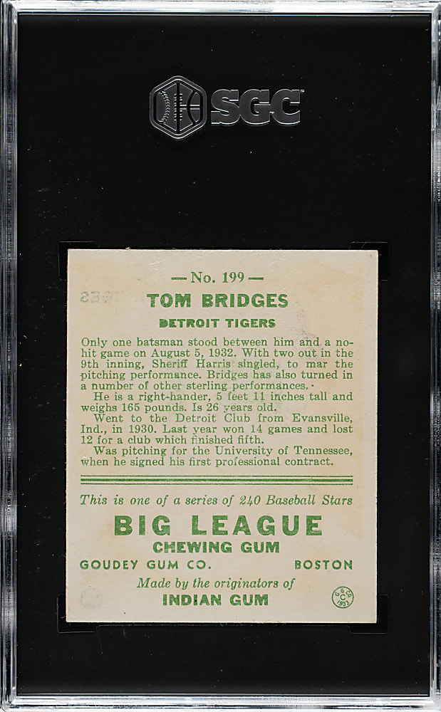 1933 R319 Goudey #199 Tom Bridges SGC VG/EX+ 4.5