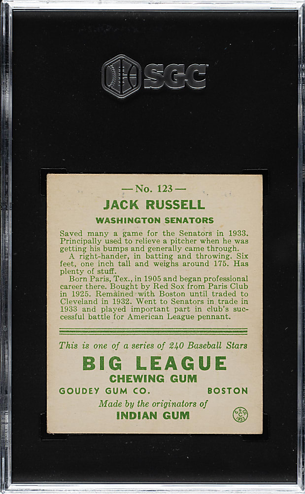 1933 R319 Goudey #123 Jack Russell SGC VG/EX+ 4.5