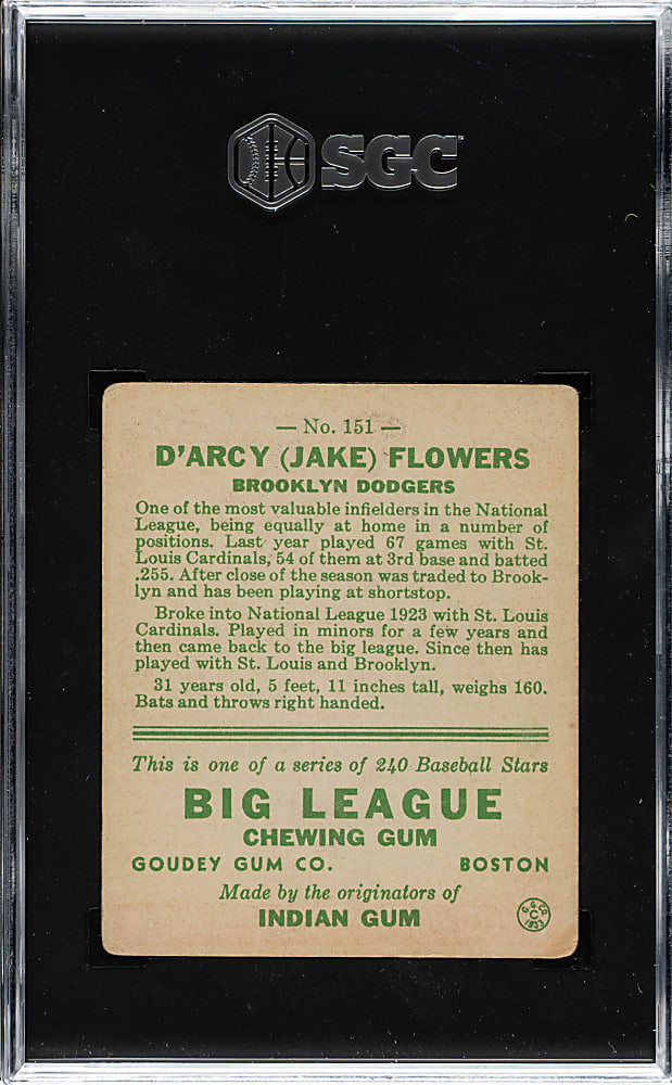 1933 R319 Goudey #151 Jake Flowers SGC VG/EX 4