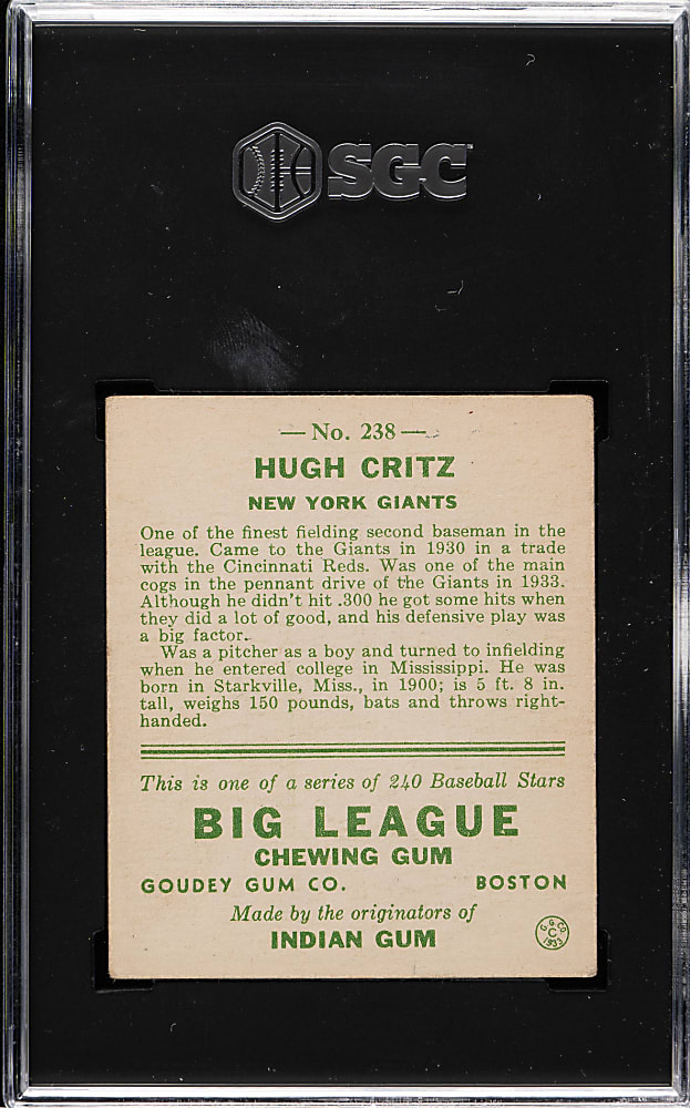 1933 R319 Goudey #238 Hugh Critz SGC VG/EX 4