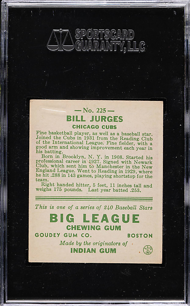 1933 R319 Goudey #225 Bill Jurges SGC VG/EX+ 55