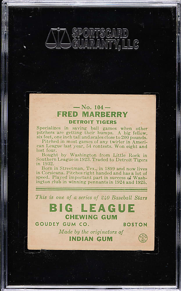 1933 R319 Goudey #104 Fred Marberry SGC VG/EX+ 55