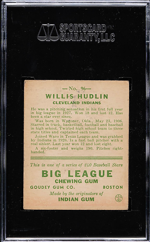 1933 R319 Goudey #96 Willis Hudlin SGC VG/EX 50
