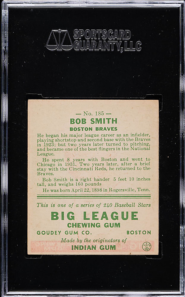 1933 R319 Goudey #185 Bob Smith SGC VG/EX 50