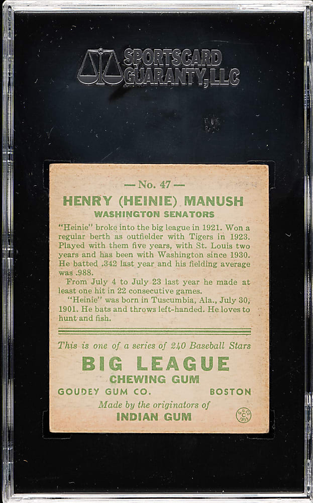 1933 R319 Goudey #47 Heinie Manush SGC VG/EX 50