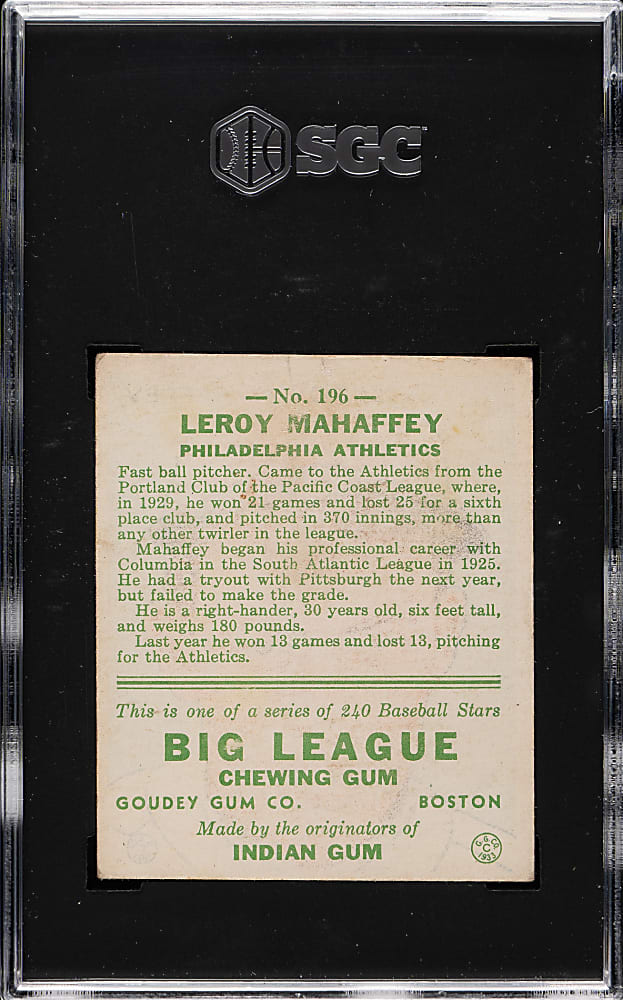 1933 R319 Goudey #196 Leroy Mahaffey SGC VG 3