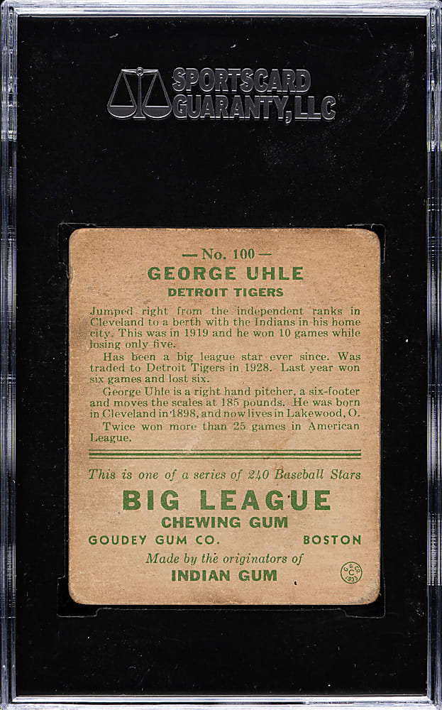 1933 R319 Goudey #100 George Uhle SGC VG 40