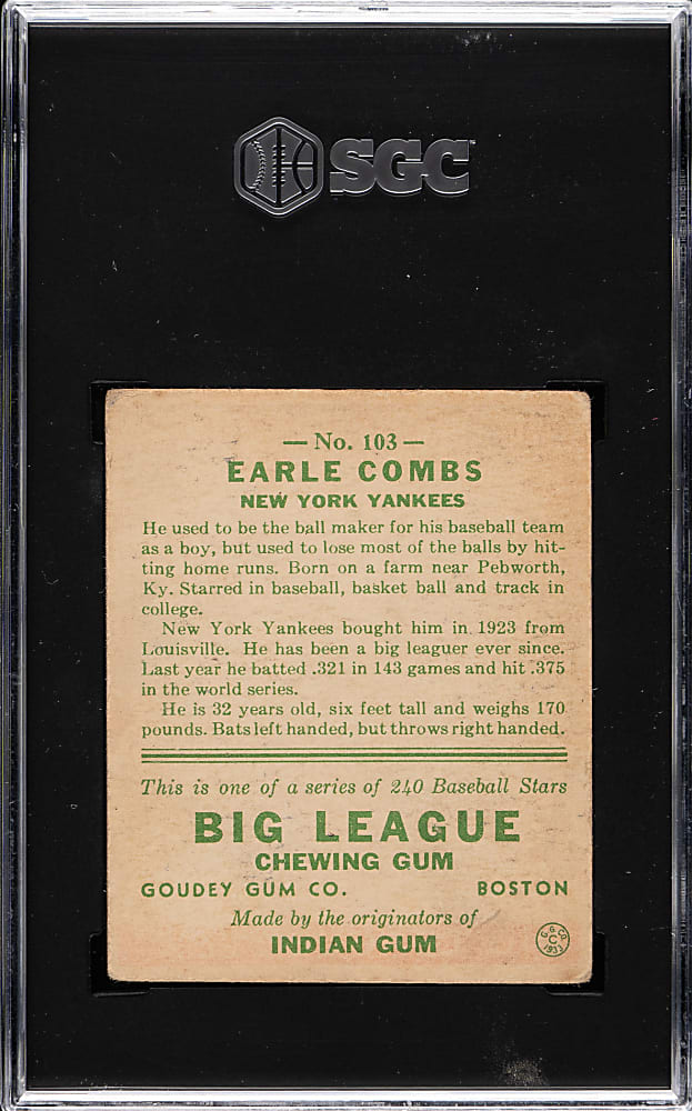 1933 R319 Goudey #103 Earle Combs SGC GOOD+ 2.5