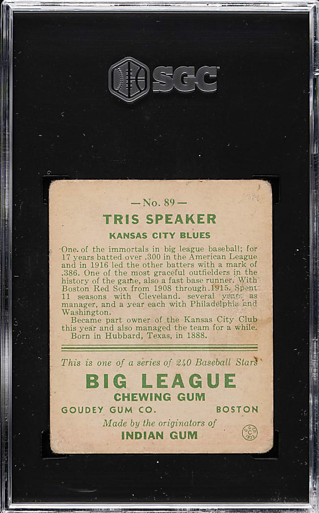 1933 R319 Goudey #89 Tris Speaker SGC FAIR 1.5