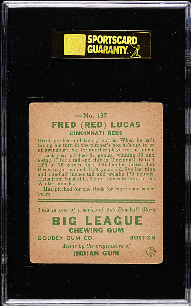 1933 R319 Goudey #137 Red Lucas SGC EX 60