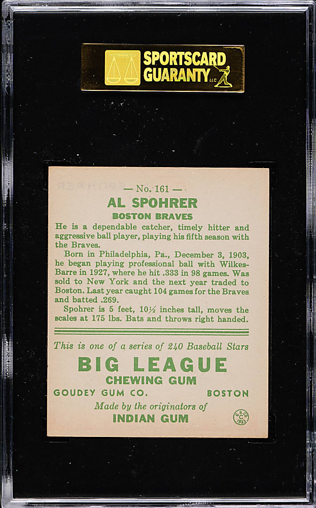 1933 R319 Goudey #161 Al Spohrer SGC EX 60