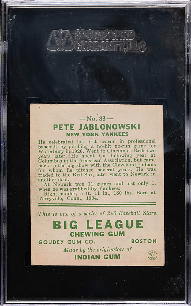 1933 R319 Goudey #83 Pete Jablonowski SGC EX 60