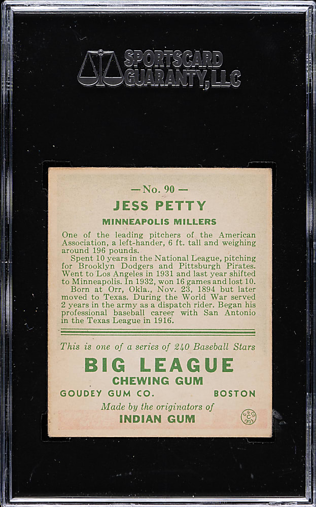 1933 R319 Goudey #90 Jess Petty SGC EX 60
