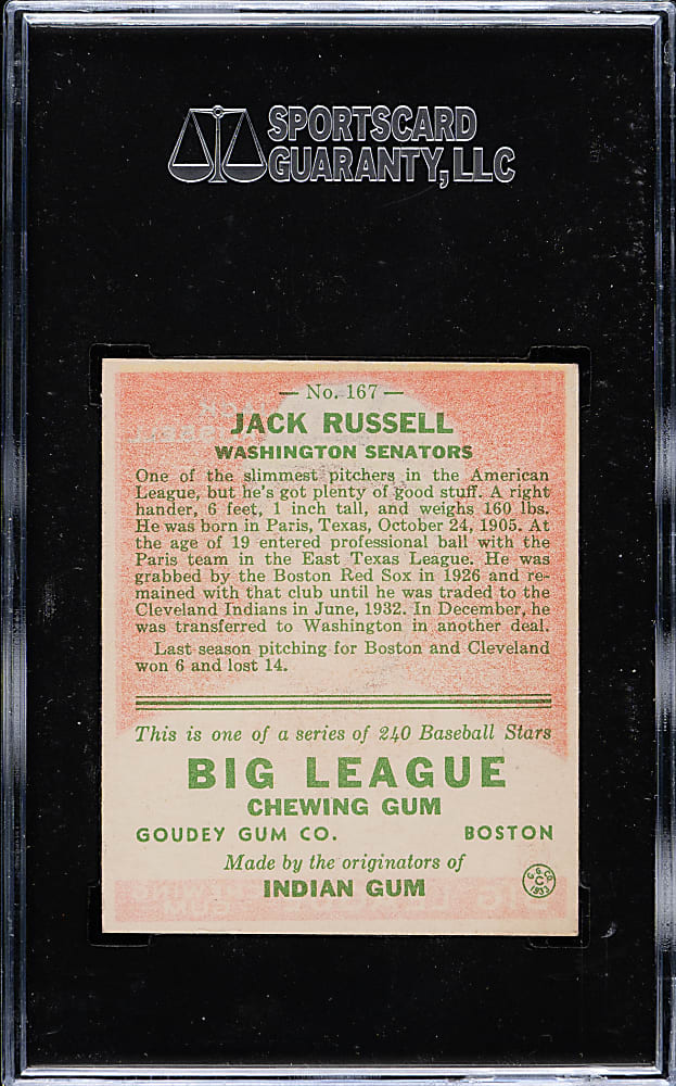 1933 R319 Goudey #167 Jack Russell SGC EX 60