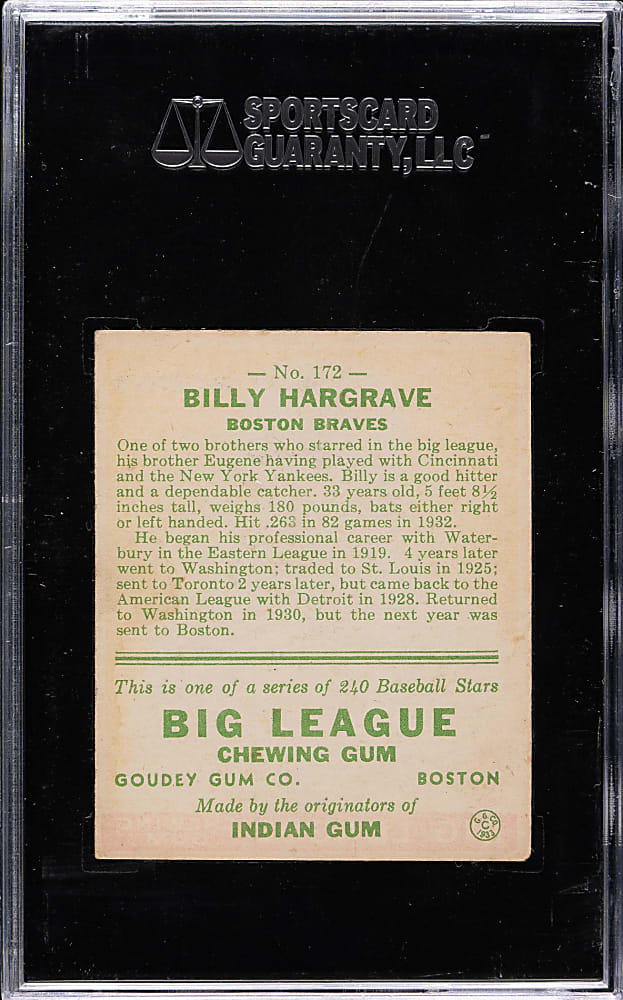 1933 R319 Goudey #172 Billy Hargrave SGC EX 60