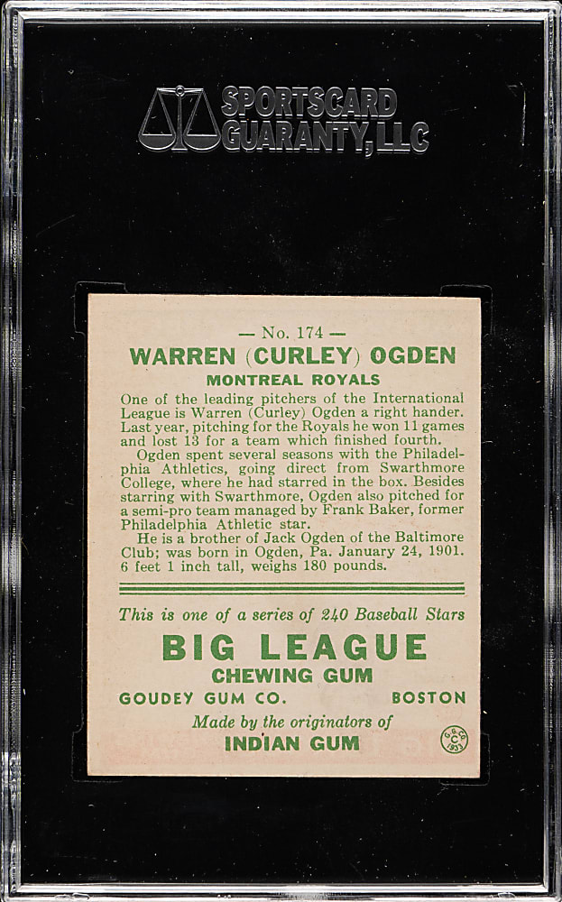 1933 R319 Goudey #174 Curley Ogden SGC EX 60