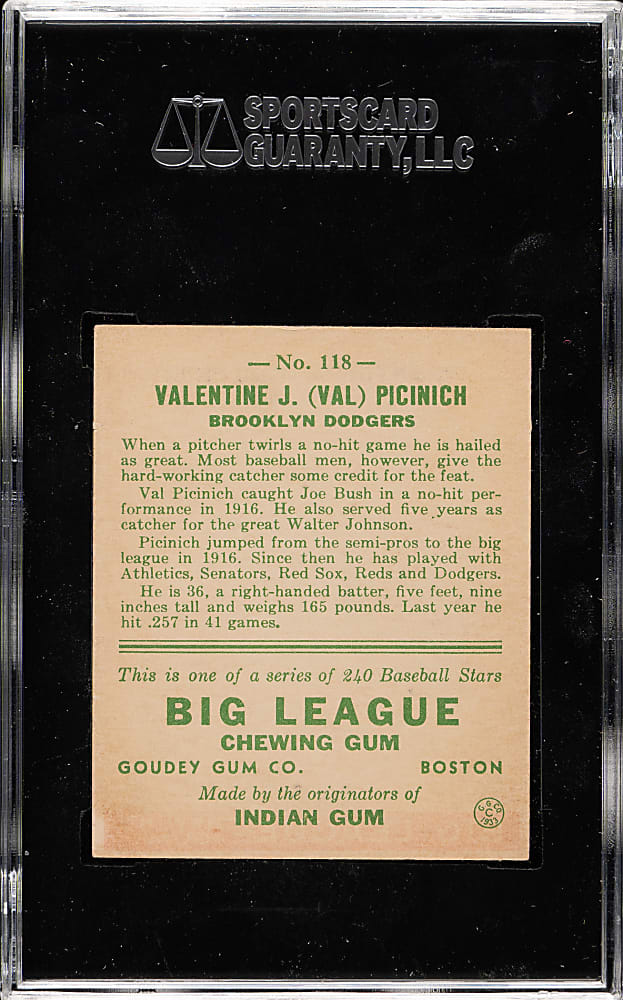 1933 R319 Goudey #118 Val Picinich SGC EX 60