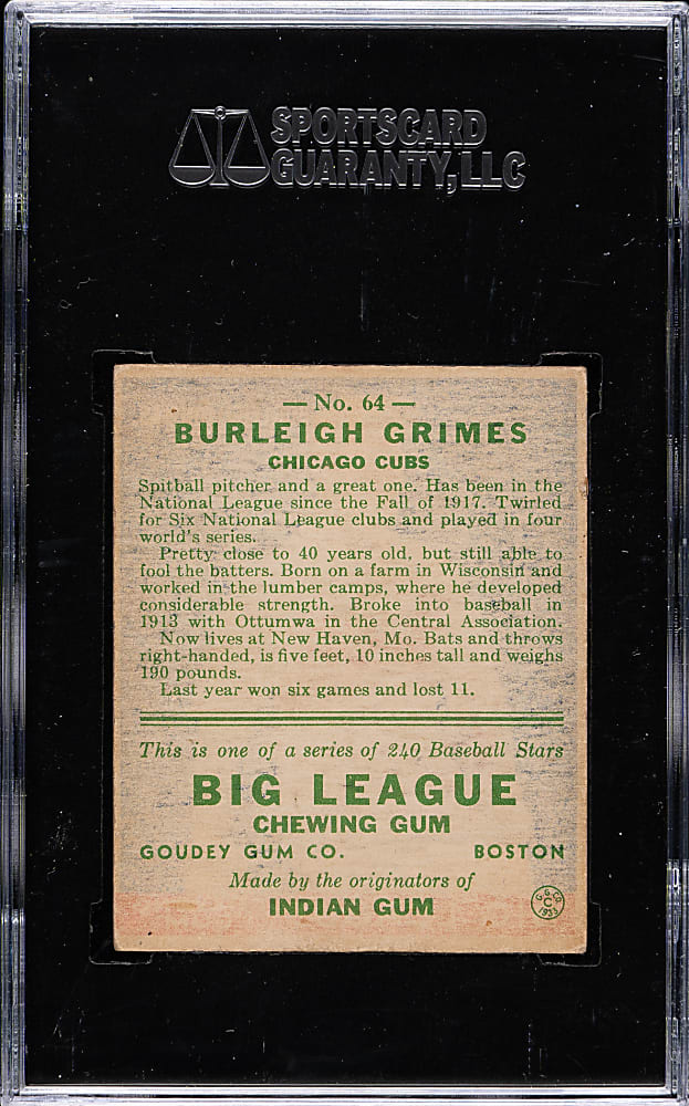 1933 R319 Goudey #64 Burleigh Grimes SGC EX 60