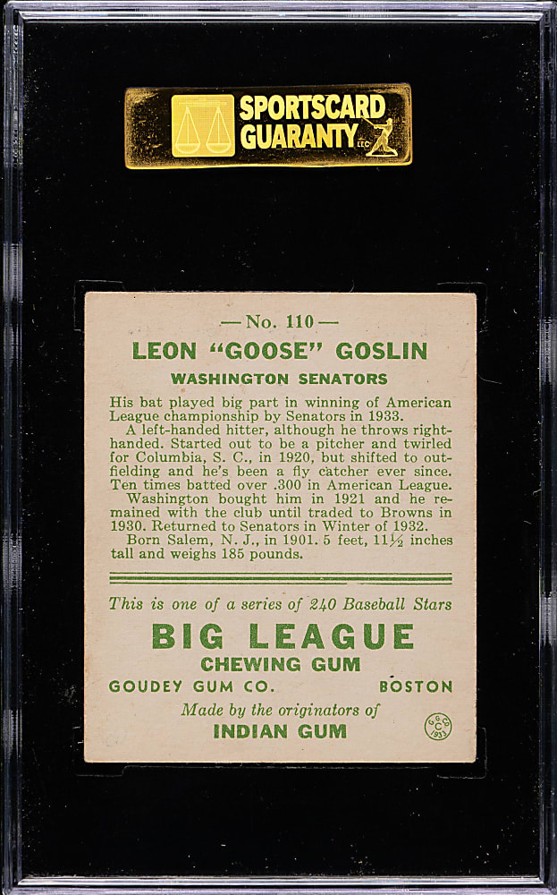 1933 R319 Goudey #110 Goose Goslin SGC EX 60