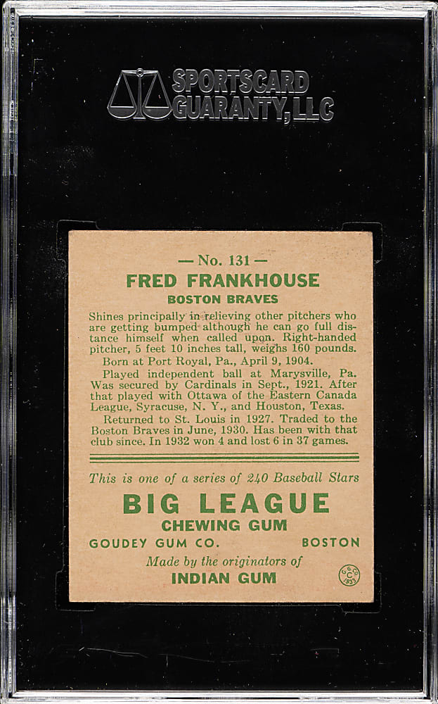 1933 R319 Goudey #131 Fred Frankhouse SGC EX 60