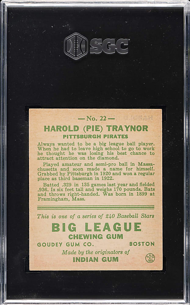 1933 R319 Goudey #22 Pie Traynor SGC EX 5