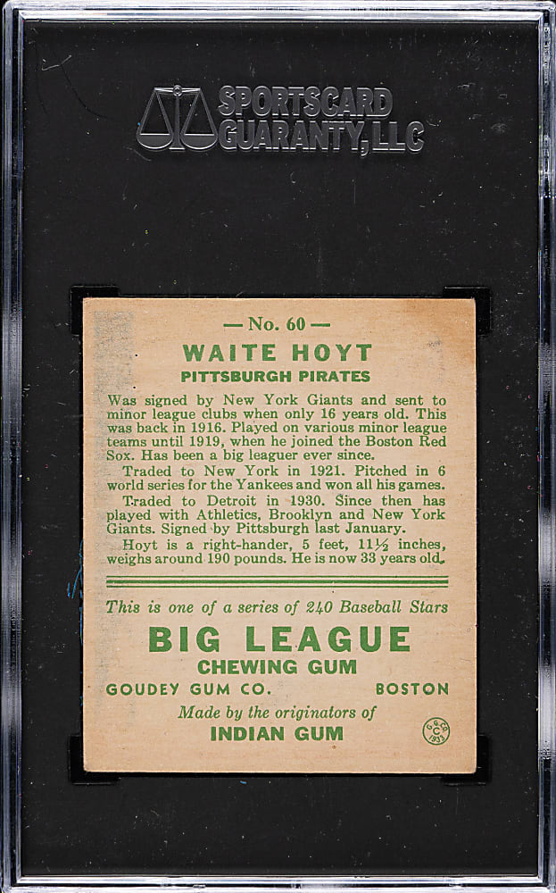 1933 R319 Goudey #60 Waite Hoyt SGC EX 5