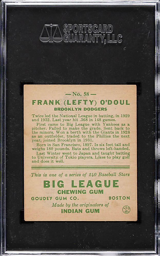 1933 R319 Goudey #58 Lefty O'Doul SGC EX 5