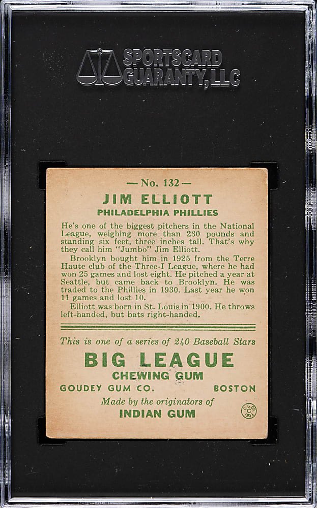 1933 R319 Goudey #132 Jim Elliott SGC EX 5