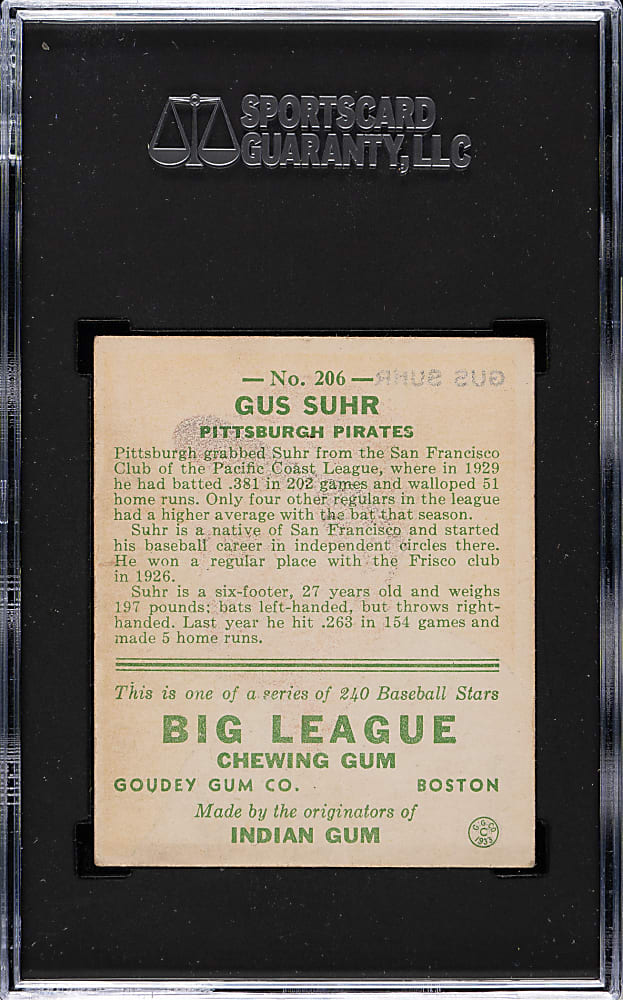 1933 R319 Goudey #206 Gus Suhr SGC EX 5