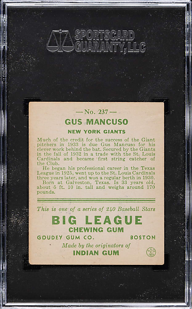 1933 R319 Goudey #237 Gus Mancuso SGC EX 5