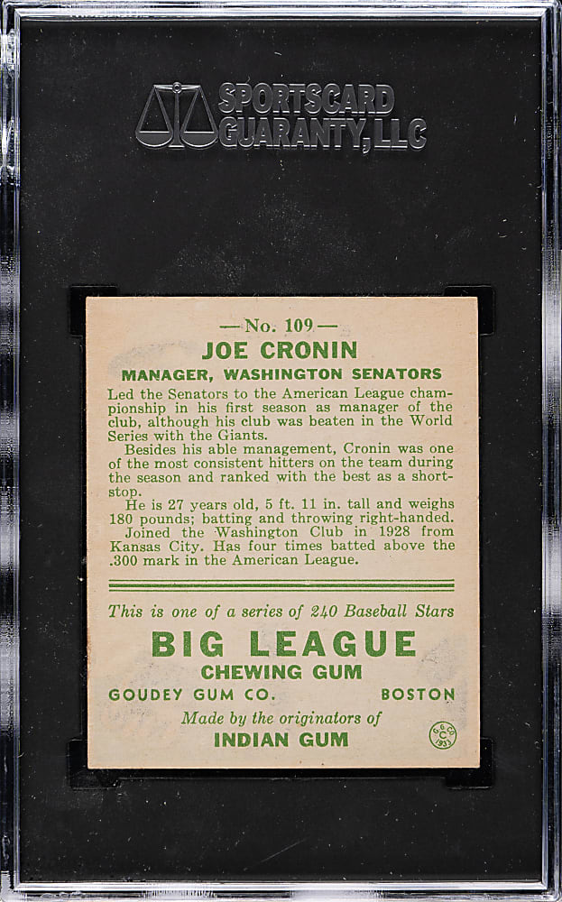 1933 R319 Goudey #109 Joe Cronin SGC EX 5