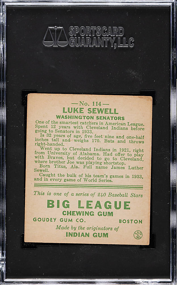 1933 R319 Goudey #114 Luke Sewell SGC EX 5