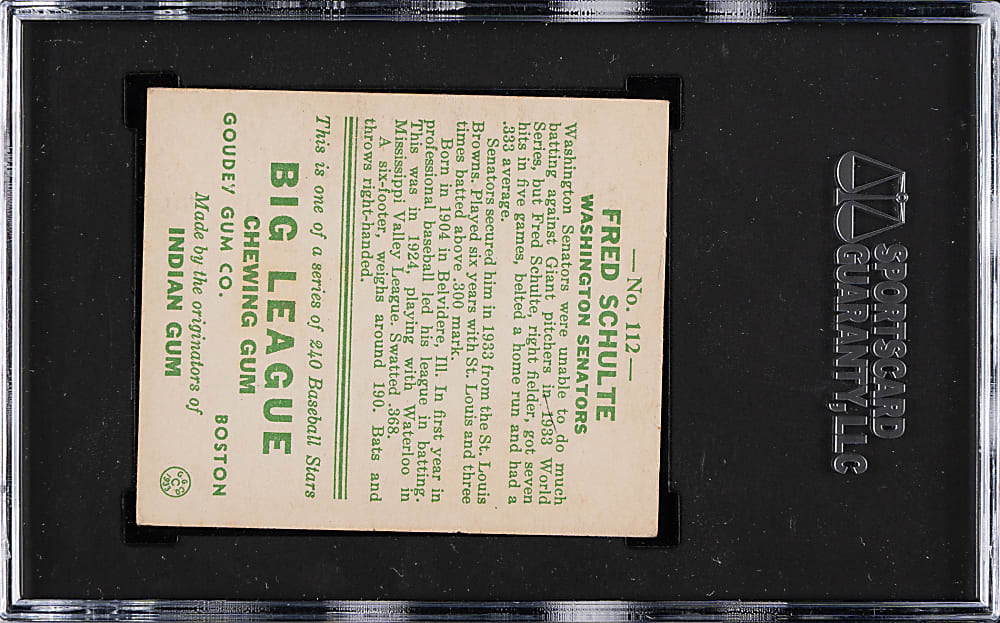 1933 R319 Goudey #112 Fred Schulte SGC EX 5